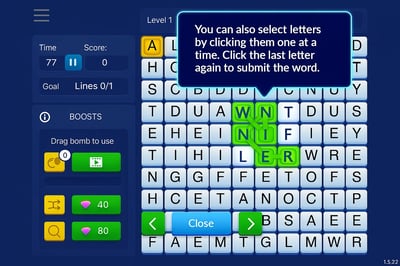 A game screen with a blue background and a green word.